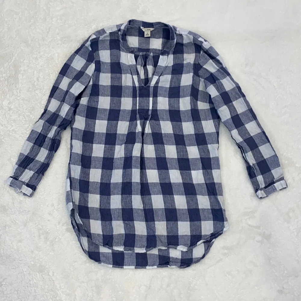 L.L. Bean Split Neck Linen Tunic Long Sleeve Plaid Top - Picture 1 of 10